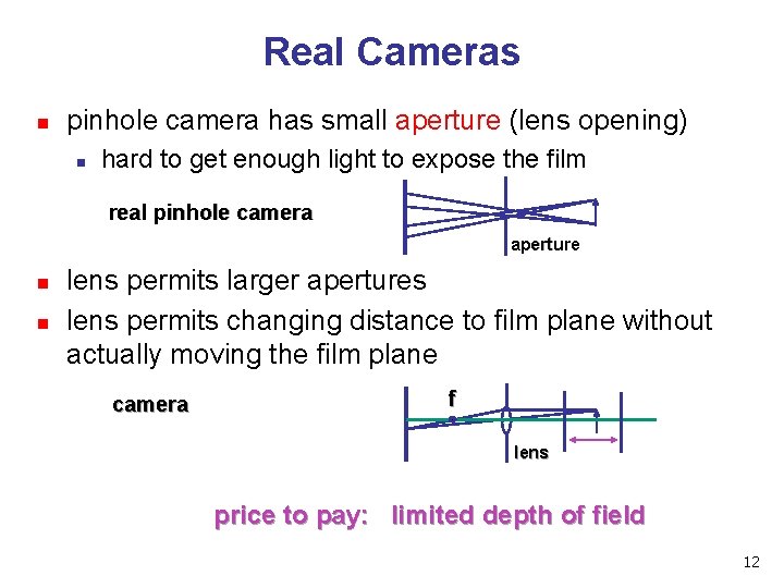 Real Cameras n pinhole camera has small aperture (lens opening) n hard to get Real Cameras n pinhole camera has small aperture (lens opening) n hard to get