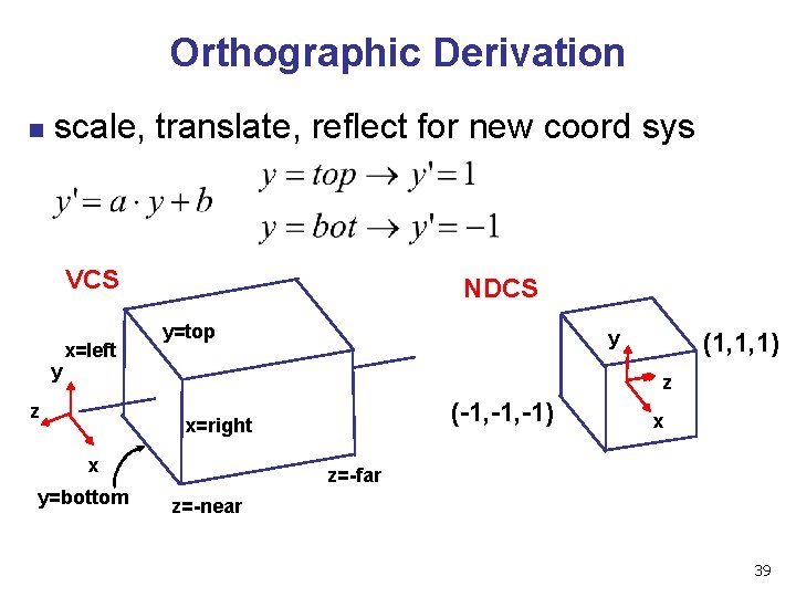 Orthographic Derivation n scale, translate, reflect for new coord sys VCS y x=left NDCS Orthographic Derivation n scale, translate, reflect for new coord sys VCS y x=left NDCS