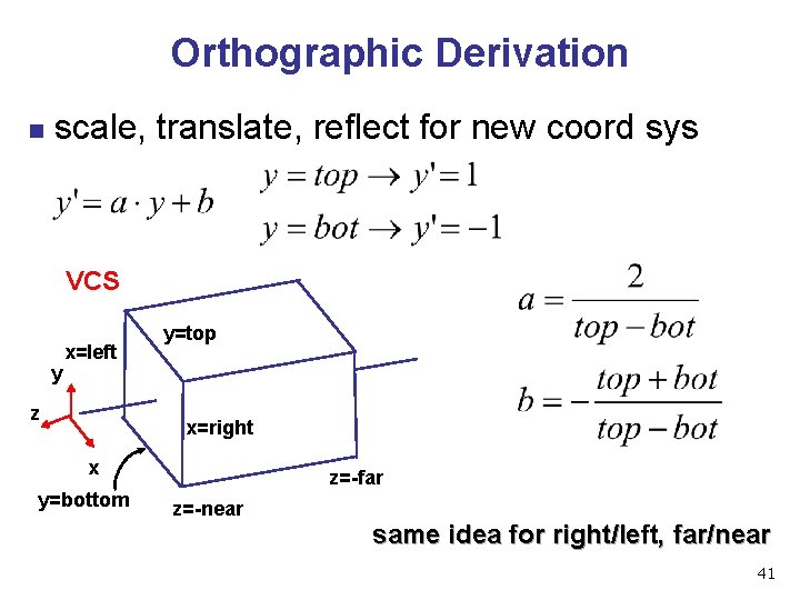 Orthographic Derivation n scale, translate, reflect for new coord sys VCS y x=left z Orthographic Derivation n scale, translate, reflect for new coord sys VCS y x=left z