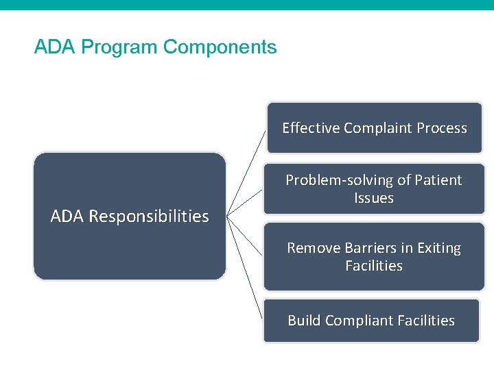 ADA Program Components Effective Complaint Process ADA Responsibilities Problem-solving of Patient Issues Remove Barriers