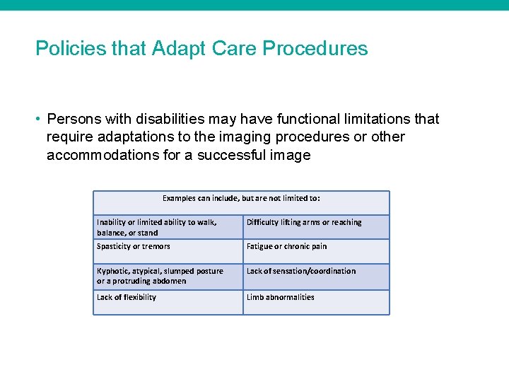 Policies that Adapt Care Procedures • Persons with disabilities may have functional limitations that