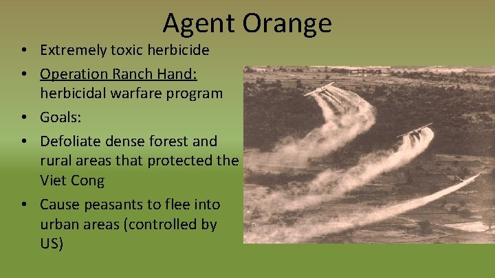 Agent Orange • Extremely toxic herbicide • Operation Ranch Hand: herbicidal warfare program •