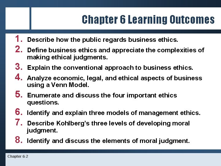 Chapter 6 Learning Outcomes 1. 2. Describe how the public regards business ethics. 3.