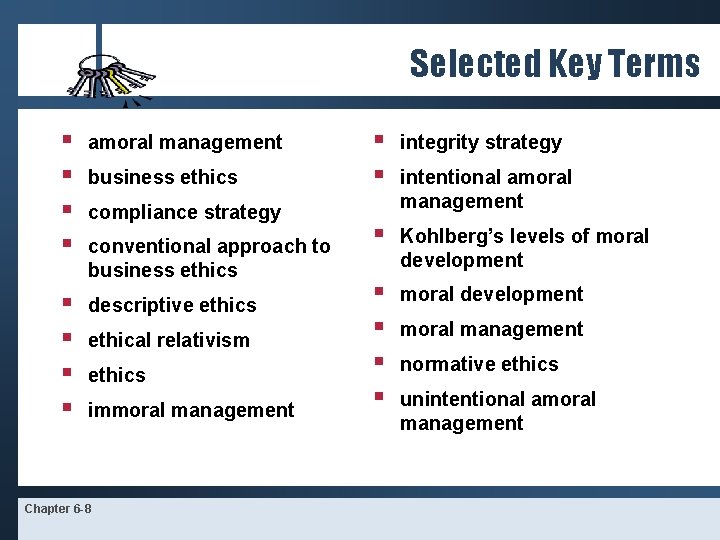 Selected Key Terms § § amoral management § § descriptive ethics business ethics compliance