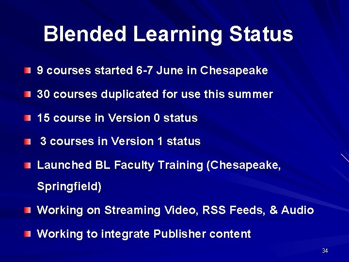 Blended Learning Status 9 courses started 6 -7 June in Chesapeake 30 courses duplicated
