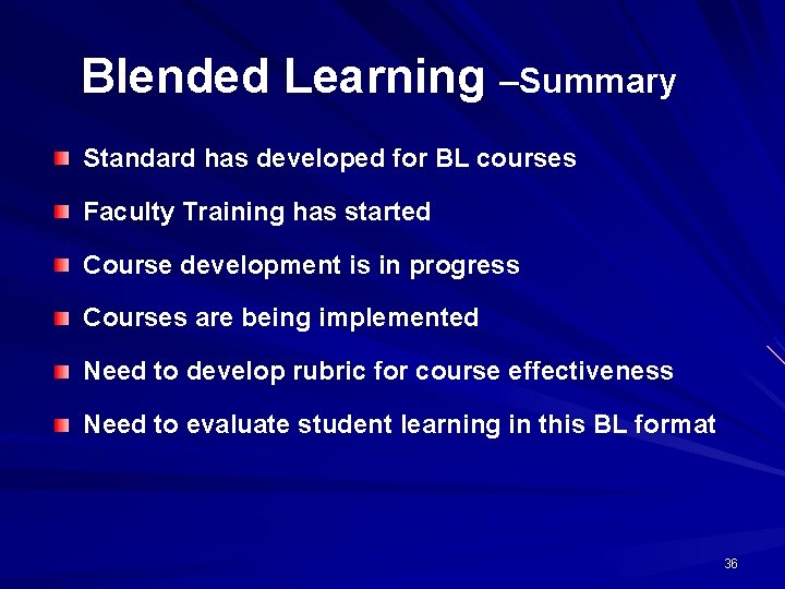 Blended Learning –Summary Standard has developed for BL courses Faculty Training has started Course