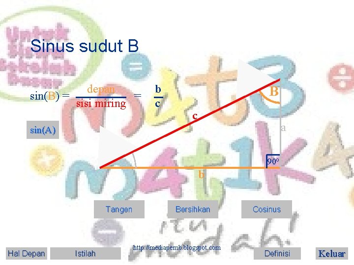 Sinus sudut B sin(B) = depan = sisi miring b c B c a