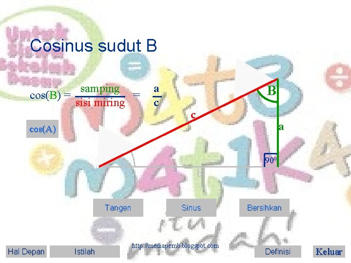 Cosinus sudut B cos(B) = samping = sisi miring a c B c a