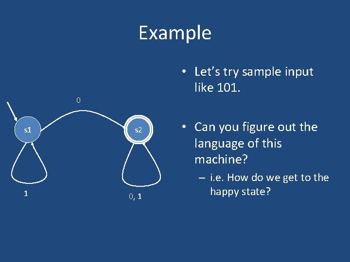 Example • Let’s try sample input like 101. 0 s 1 1 s 2