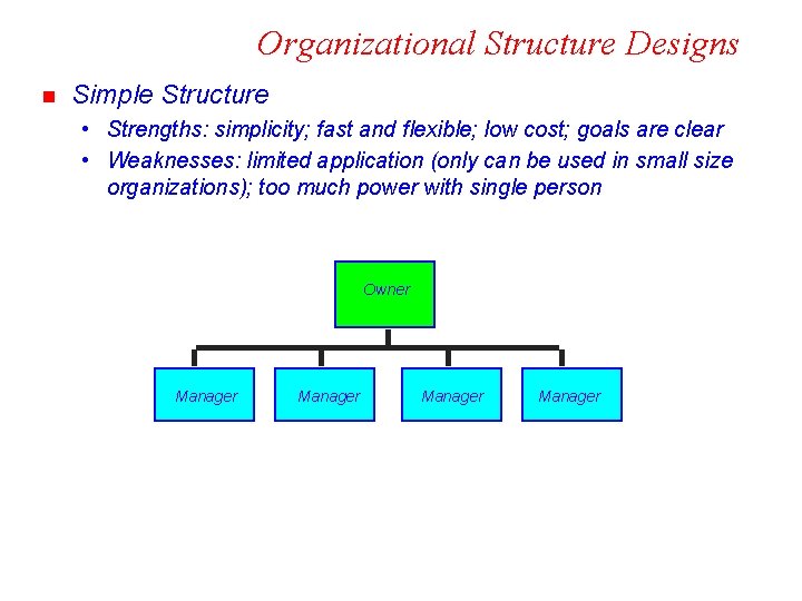 Organizational Structure Designs n Simple Structure • Strengths: simplicity; fast and flexible; low cost;