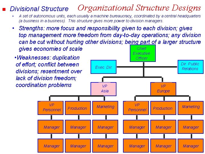 n Divisional Structure • Organizational Structure Designs A set of autonomous units, each usually