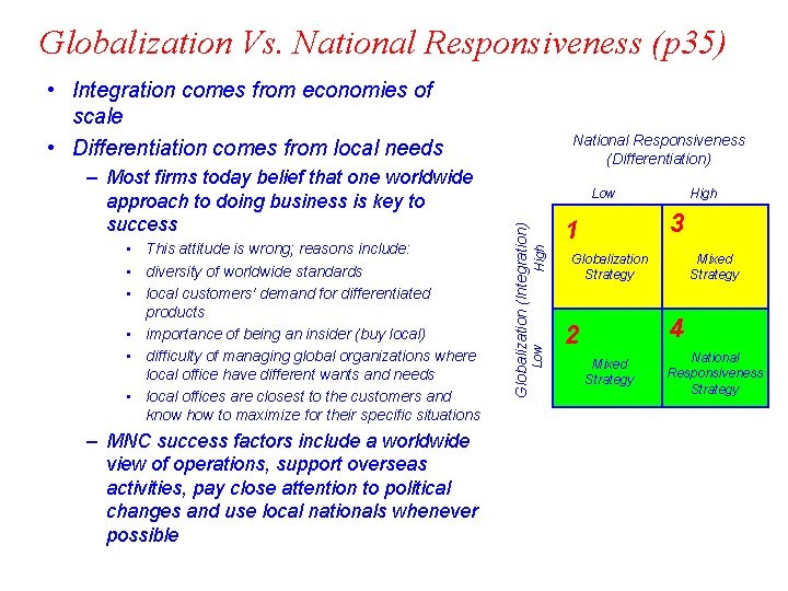 Globalization Vs. National Responsiveness (p 35) • Integration comes from economies of scale •