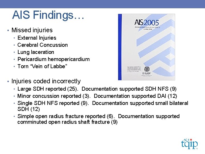 AIS Findings… • Missed injuries • External Injuries • Cerebral Concussion • Lung laceration