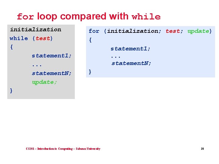 for loop compared with while initialization while (test) { statement 1; . . .