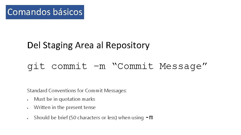 Comandos básicos Del Staging Area al Repository git commit –m “Commit Message” Standard Conventions