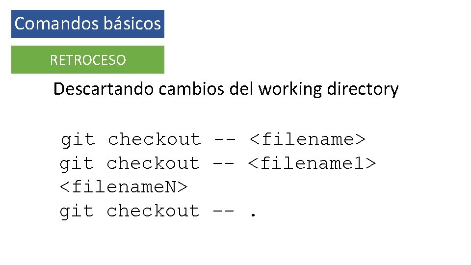 Comandos básicos RETROCESO Descartando cambios del working directory git checkout -- <filename> git checkout