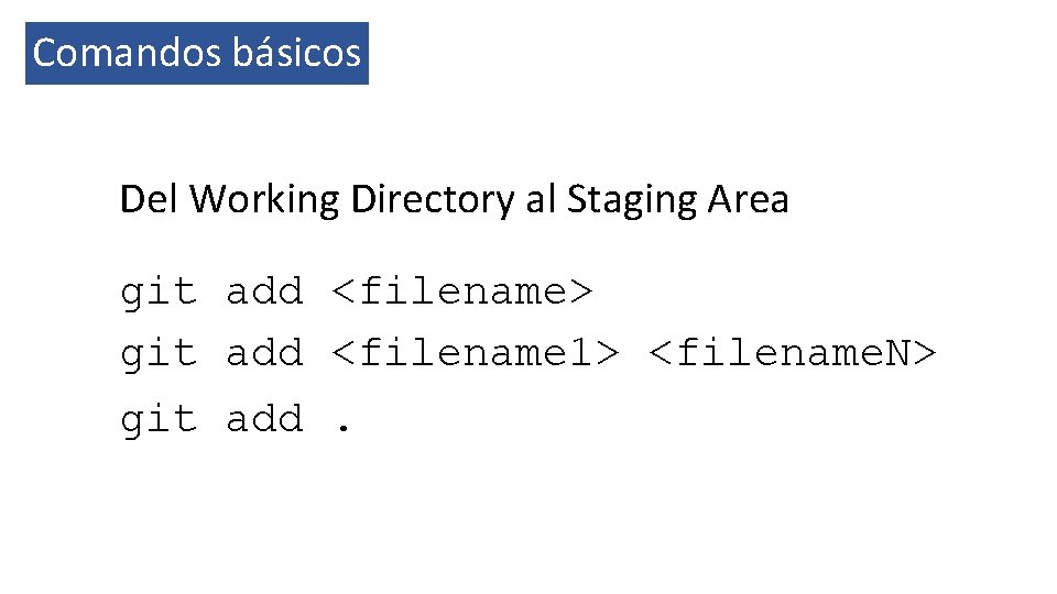 Comandos básicos Del Working Directory al Staging Area git add <filename> git add <filename