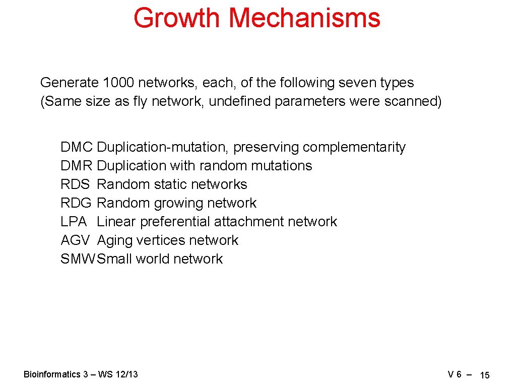 Growth Mechanisms Generate 1000 networks, each, of the following seven types (Same size as