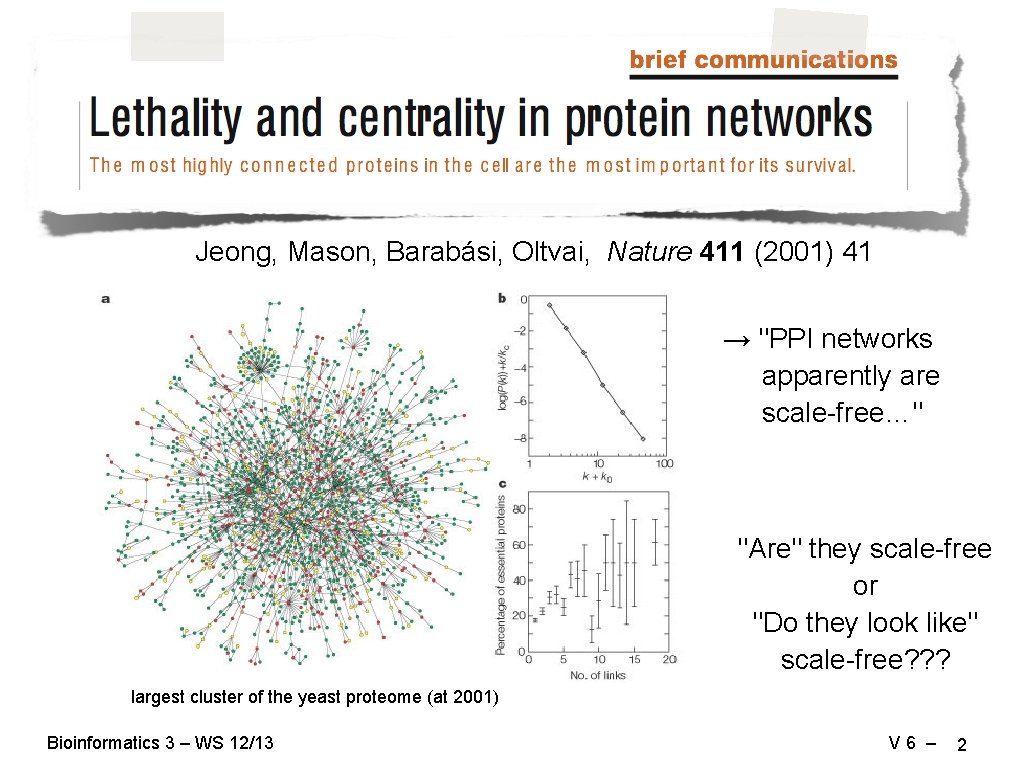 Jeong, Mason, Barabási, Oltvai, Nature 411 (2001) 41 → "PPI networks apparently are scale-free…"