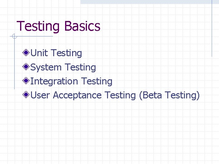 Testing Basics Unit Testing System Testing Integration Testing User Acceptance Testing (Beta Testing)  Testing Basics Unit Testing System Testing Integration Testing User Acceptance Testing (Beta Testing)