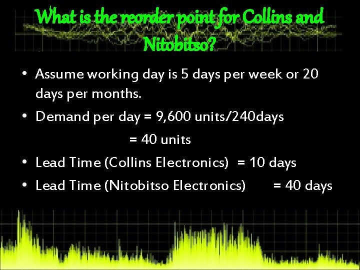 What is the reorder point for Collins and Nitobitso? • Assume working day is