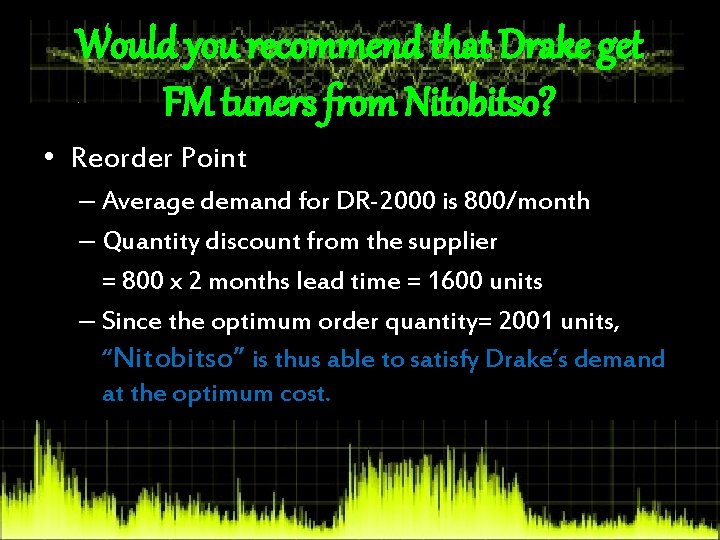 Would you recommend that Drake get FM tuners from Nitobitso? • Reorder Point –