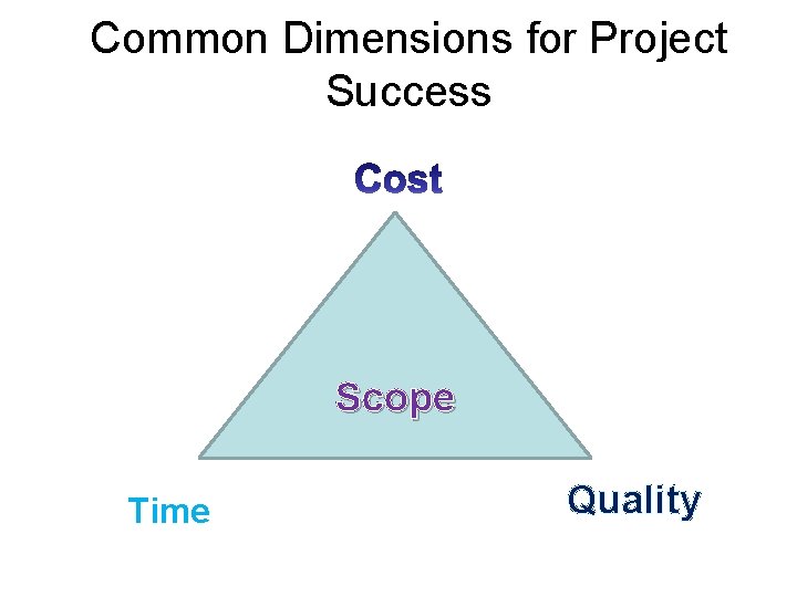 Common Dimensions for Project Success Scope Time Quality 