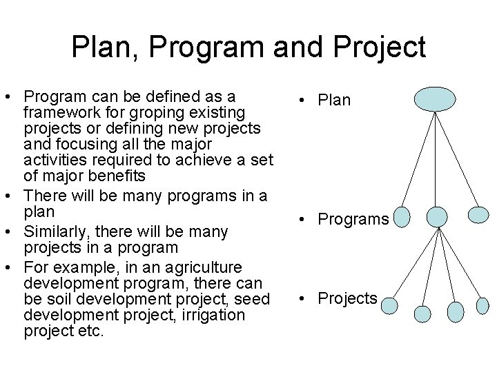 Plan, Program and Project • Program can be defined as a framework for groping