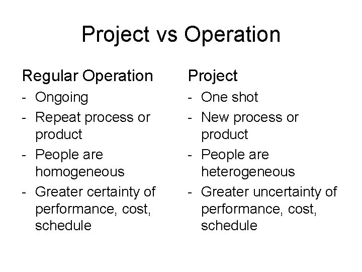 Project vs Operation Regular Operation Project - Ongoing - Repeat process or product -