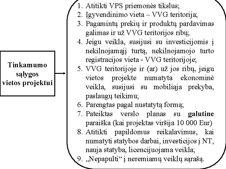 Tinkamumo sąlygos vietos projektui 1. Atitikti VPS priemonės tikslus; 2. Įgyvendinimo vieta – VVG