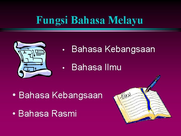 Fungsi Bahasa Melayu • Bahasa Kebangsaan • Bahasa Ilmu • Bahasa Kebangsaan • Bahasa