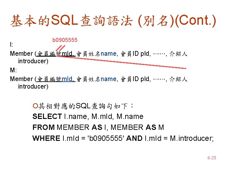 基本的SQL查詢語法 (別名)(Cont. ) b 0905555 I: Member (會員編號m. Id, 會員姓名name, 會員ID p. Id, ……,