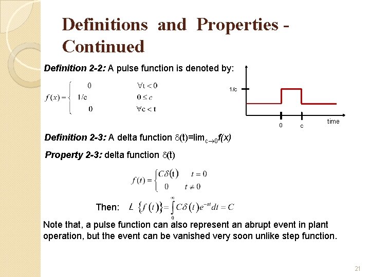 Definitions and Properties Continued Definition 2 -2: A pulse function is denoted by: 1/c