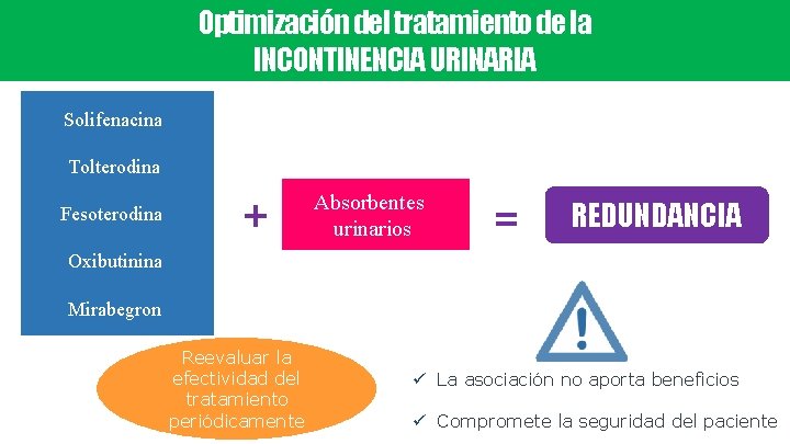 Optimización del tratamiento de la INCONTINENCIA URINARIA Solifenacina Tolterodina Fesoterodina + Absorbentes urinarios =