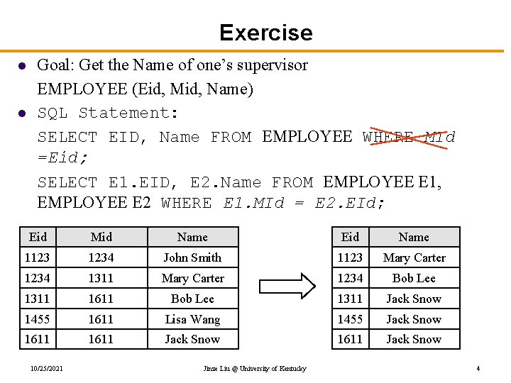 Exercise l l Goal: Get the Name of one’s supervisor EMPLOYEE (Eid, Mid, Name)