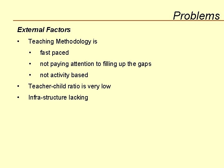 Problems External Factors • Teaching Methodology is • fast paced • not paying attention