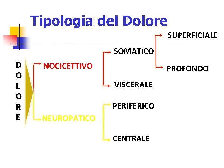 Tipologia del Dolore SUPERFICIALE SOMATICO D O L O R E NOCICETTIVO PROFONDO VISCERALE