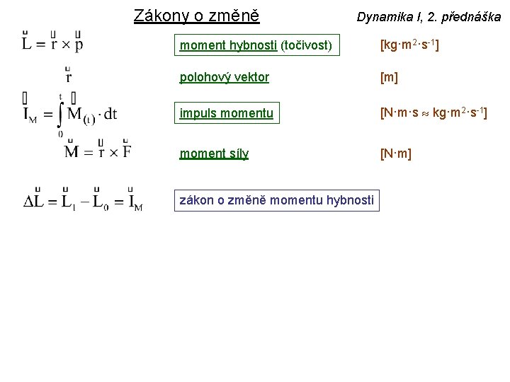 Zákony o změně Dynamika I, 2. přednáška moment hybnosti (točivost) [kg·m 2·s-1] polohový vektor