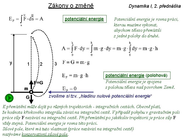 Zákony o změně potenciální energie y 1 2 F=G m G Dynamika I, 2.