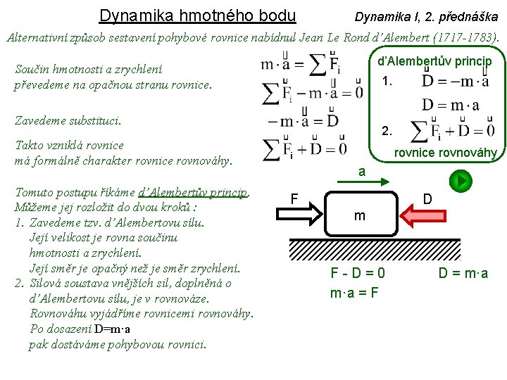 Dynamika hmotného bodu Dynamika I, 2. přednáška Alternativní způsob sestavení pohybové rovnice nabídnul Jean