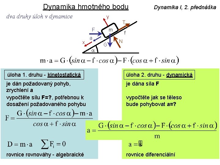 Dynamika hmotného bodu dva druhy úloh v dynamice Dynamika I, 2. přednáška y T