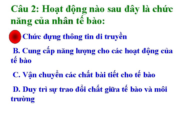 Câu 2: Hoạt động nào sau đây là chức năng của nhân tế bào: