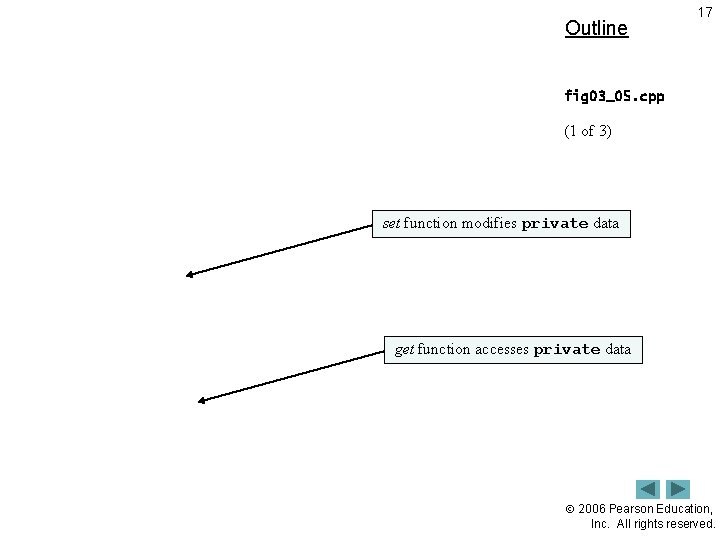 Outline 17 fig 03_05. cpp (1 of 3) set function modifies private data get
