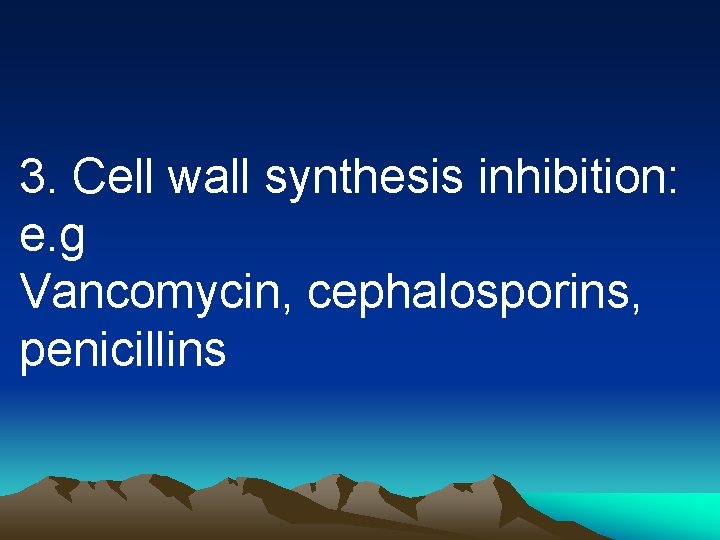 3. Cell wall synthesis inhibition: e. g Vancomycin, cephalosporins, penicillins 