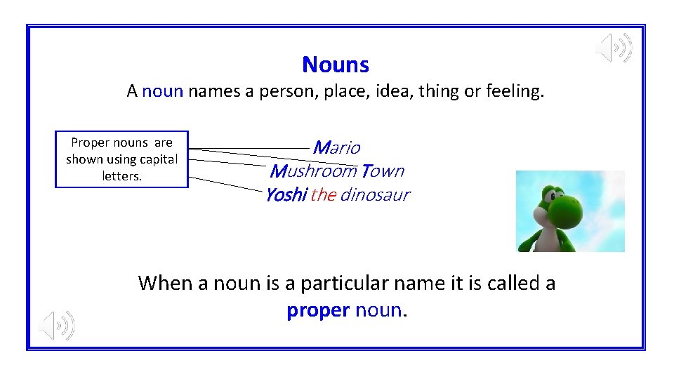 Nouns A noun names a person, place, idea, thing or feeling. Proper nouns are