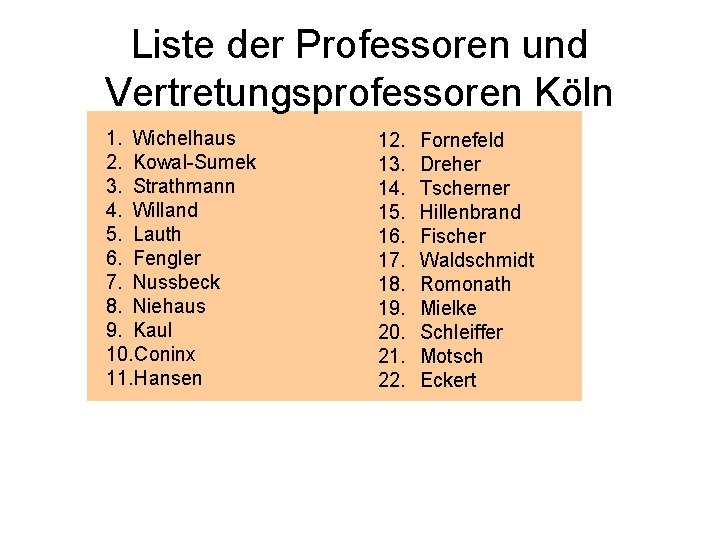 Liste der Professoren und Vertretungsprofessoren Köln 1. Wichelhaus 2. Kowal-Sumek 3. Strathmann 4. Willand
