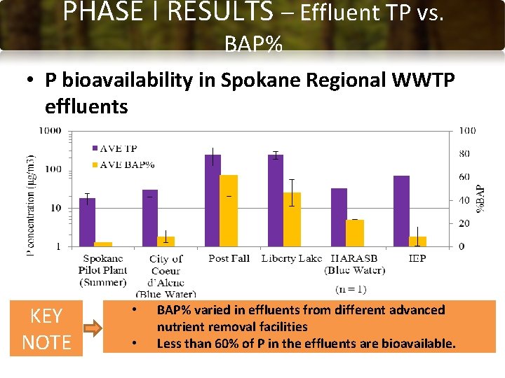 PHASE I RESULTS – Effluent TP vs. BAP% • P bioavailability in Spokane Regional