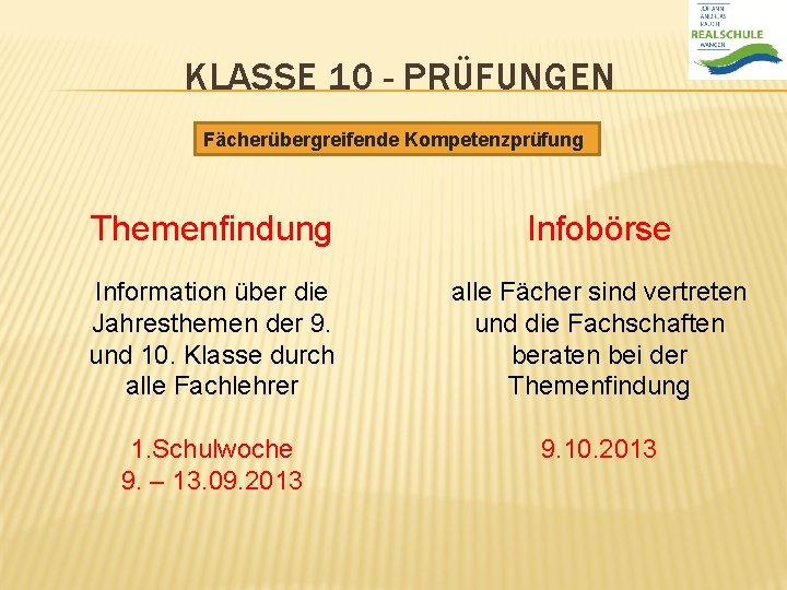 KLASSE 10 - PRÜFUNGEN Fächerübergreifende Kompetenzprüfung Themenfindung Infobörse Information über die Jahresthemen der 9.