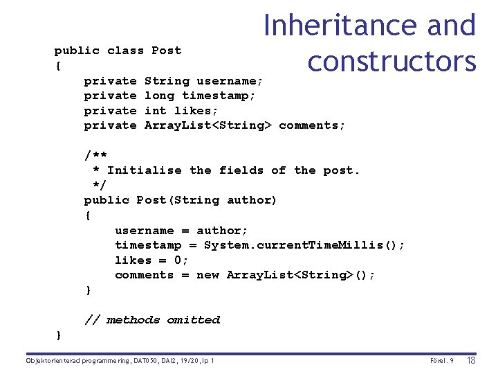Inheritance and public class Post { constructors private String username; private long timestamp; private