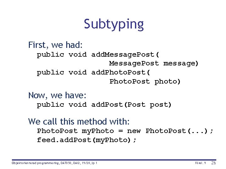 Subtyping First, we had: public void add. Message. Post( Message. Post message) public void